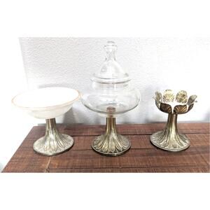 Vintage Regency MCM Pedestal Milk Glass Soap Tray Apothecary Dish Candle Holder